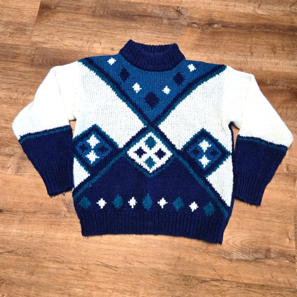 Vintage Deb Medium Blue and White Turtleneck Sweater with Geometric Pattern